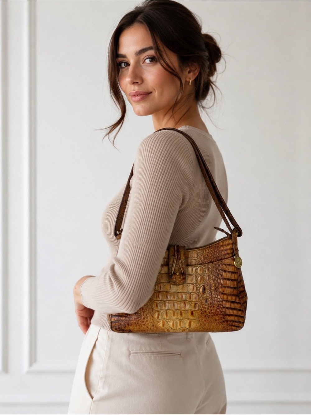 Brahmin Isabelle Vintage Toasted Almond Croco Embossed Leather Shoulder Bag - Picture 3 of 16